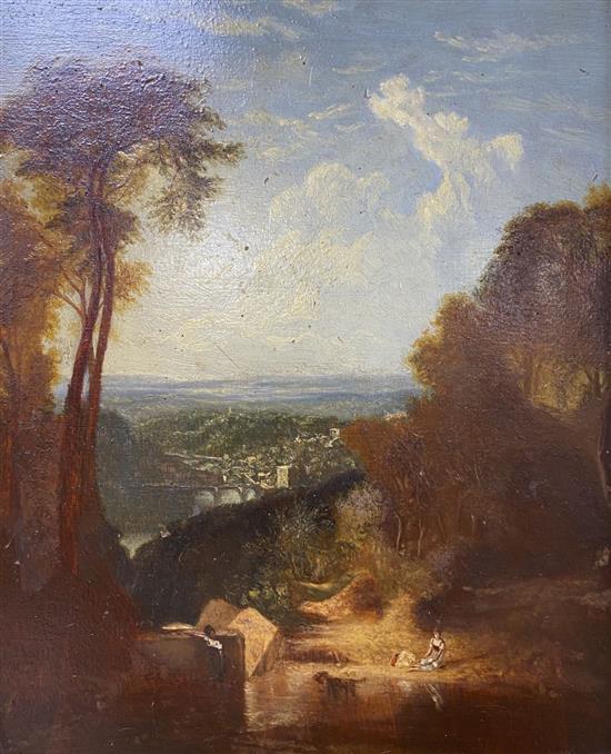 19th century English School, oil on wooden panel, Figures in a river landscape, 24.5 x 20cm and a similar small oil landscape, 20 x 16c